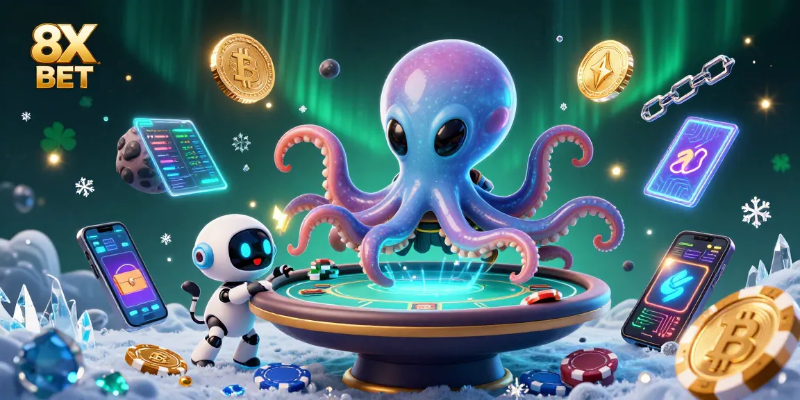 Join the action with 8X BET's alien octopus at the holographic poker table amidst crypto gaming elements.