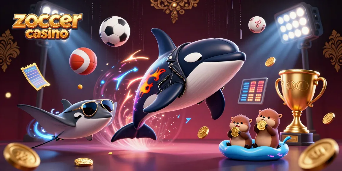 Zoccer casino action scene featuring a jumping orca, a stingray, and otters with coins amidst dynamic sports elements.