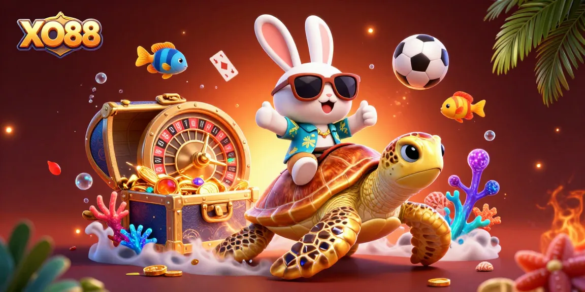 Engage with XO88’s vibrant sports betting atmosphere featuring a lucky rabbit and golden turtle.