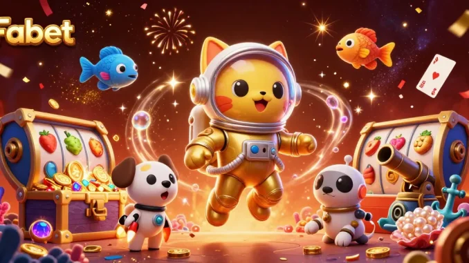 Experience the thrilling gameplay of Fabet with a vibrant 3D illustration featuring unique characters and casino elements.