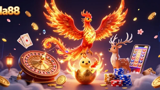 Experience the thrill of da88 with a vibrant scene featuring a phoenix and rich casino elements.