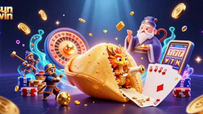 Experience the sun win magic with a vibrant casino scene featuring a golden fortune cookie and dynamic gaming elements.