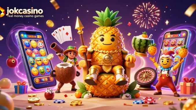 The golden pineapple king throne scene showcases jokacasino real money casino games with fun characters and vibrant casino elements.